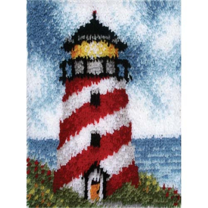 LUBOT 21" X 15" Lighthouse Latch Hook Kits for Adults Rug Pillow Cover with Printed Canvas Pattern Crochet Kit for Beginners - Image 1